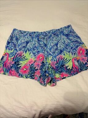 Lilly Pulitzer Tropical Parrot Print Shorts in Blue, Pink & Green